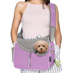 PetAmi sling para perro pequeño morado, vista frontal, cómodo para paseos cortos.