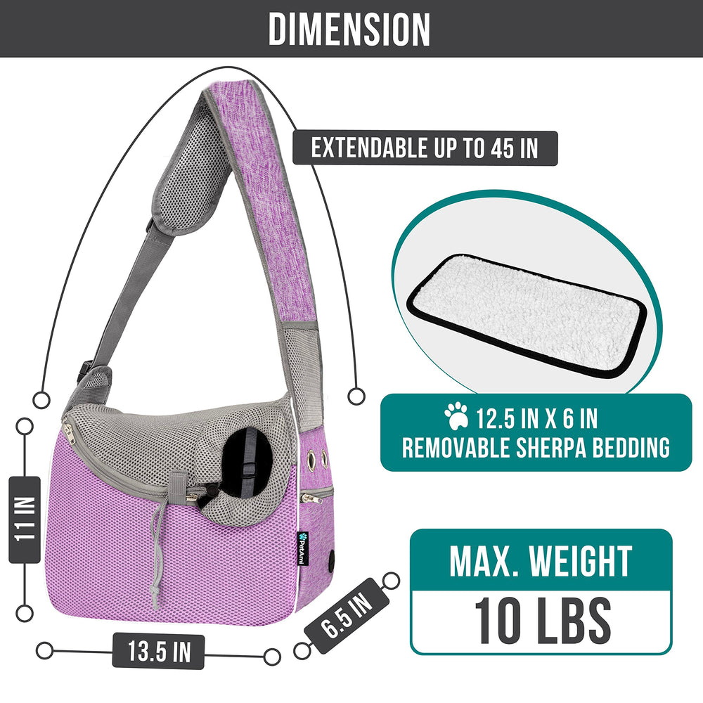 PetAmi sling para perro pequeño morado, vista lateral, soporte estable durante caminatas.
