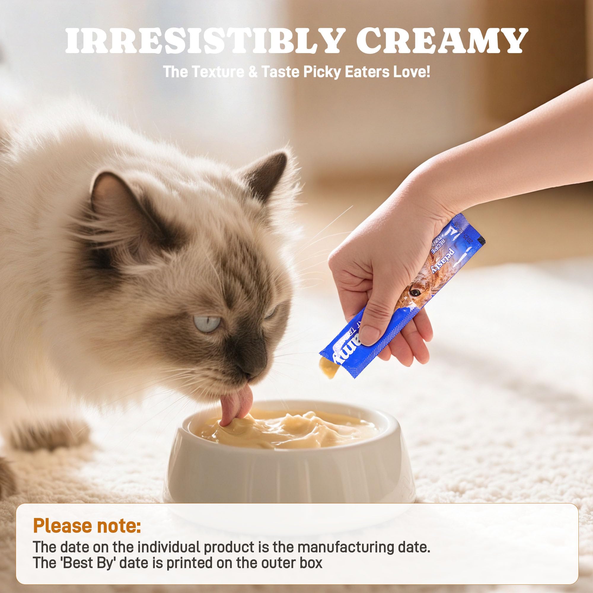PETASTY etiqueta de marca visible, confianza en un snack felino.