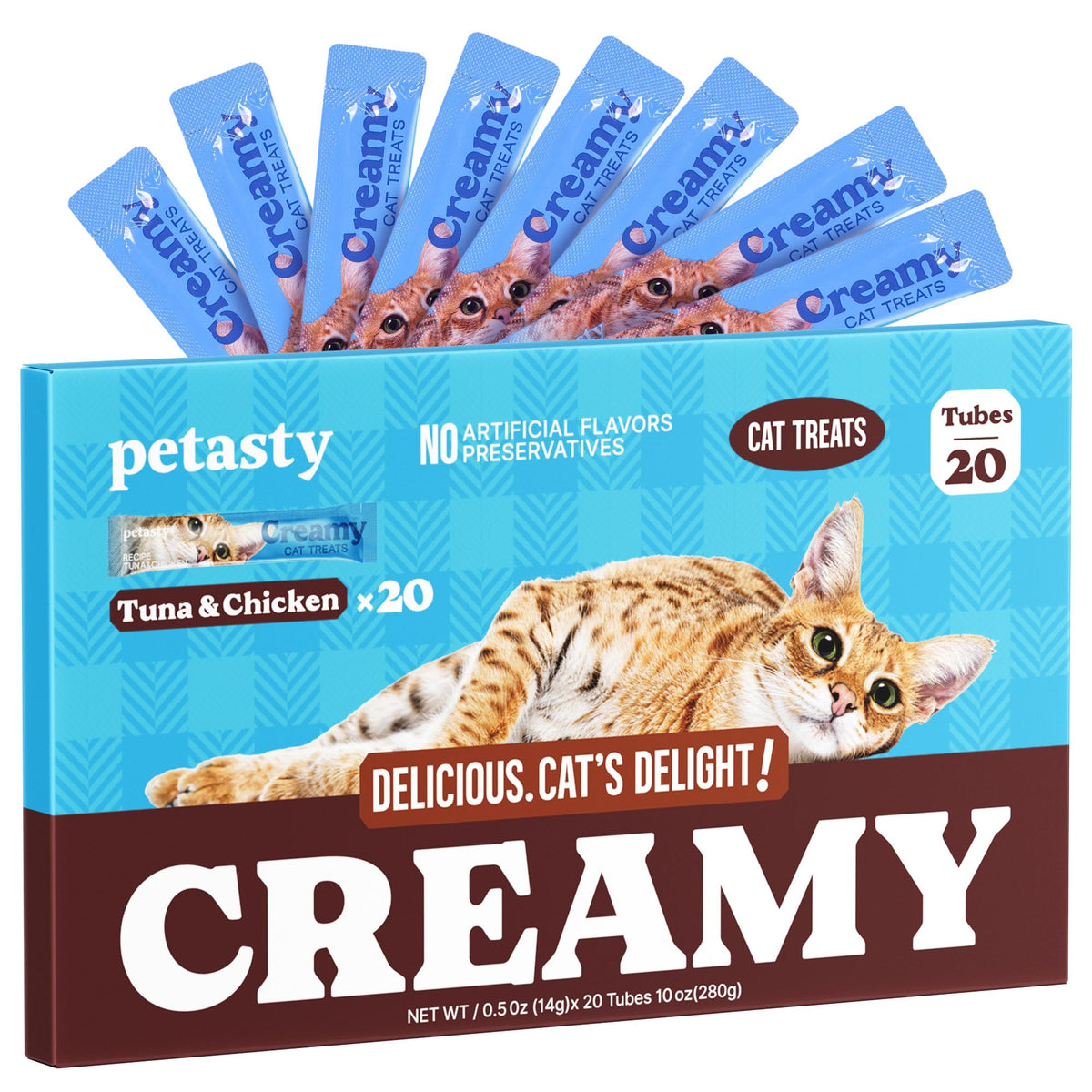 PETASTY tubo exprimible con puré cremoso para gatos, facilita la hidratación sin calorías extra.