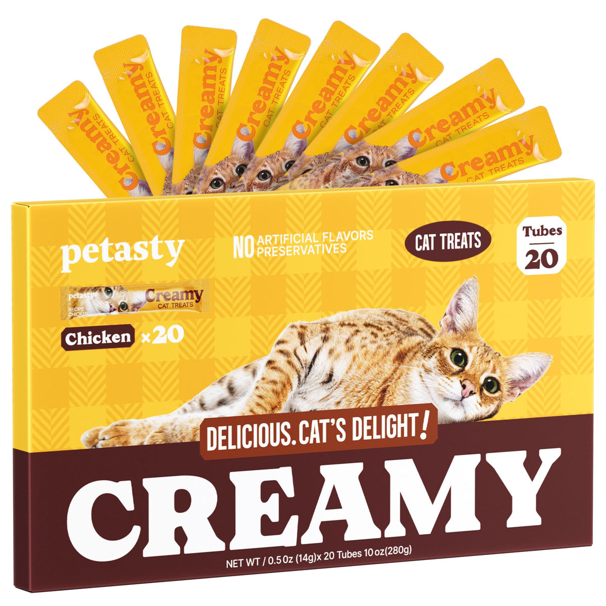 PETASTY puré cremoso en tubo con pollo, textura suave para lamido directo.