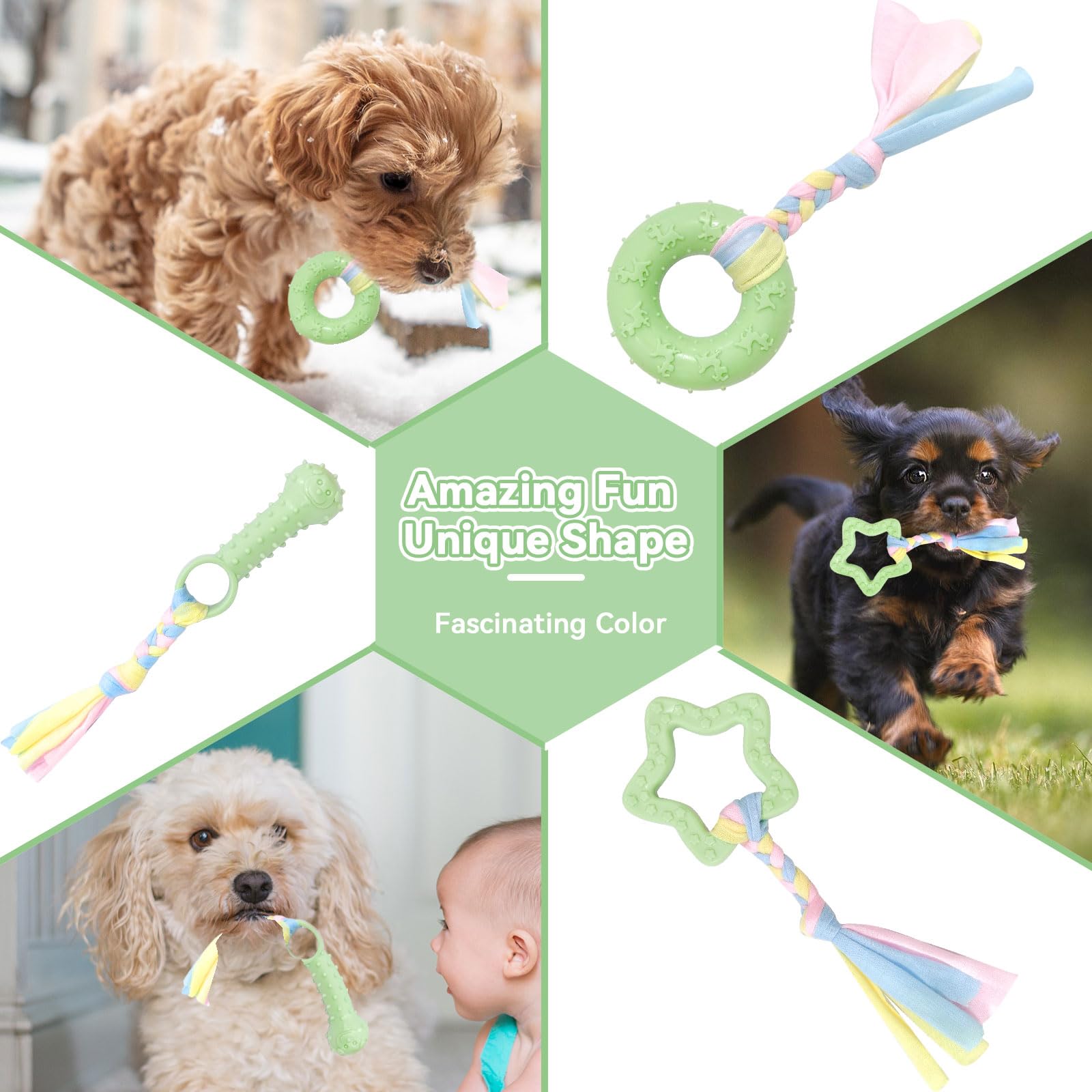 Petcare: juguete denticion verde pentagrama, diseño irregular para estimular masticacion intensa.