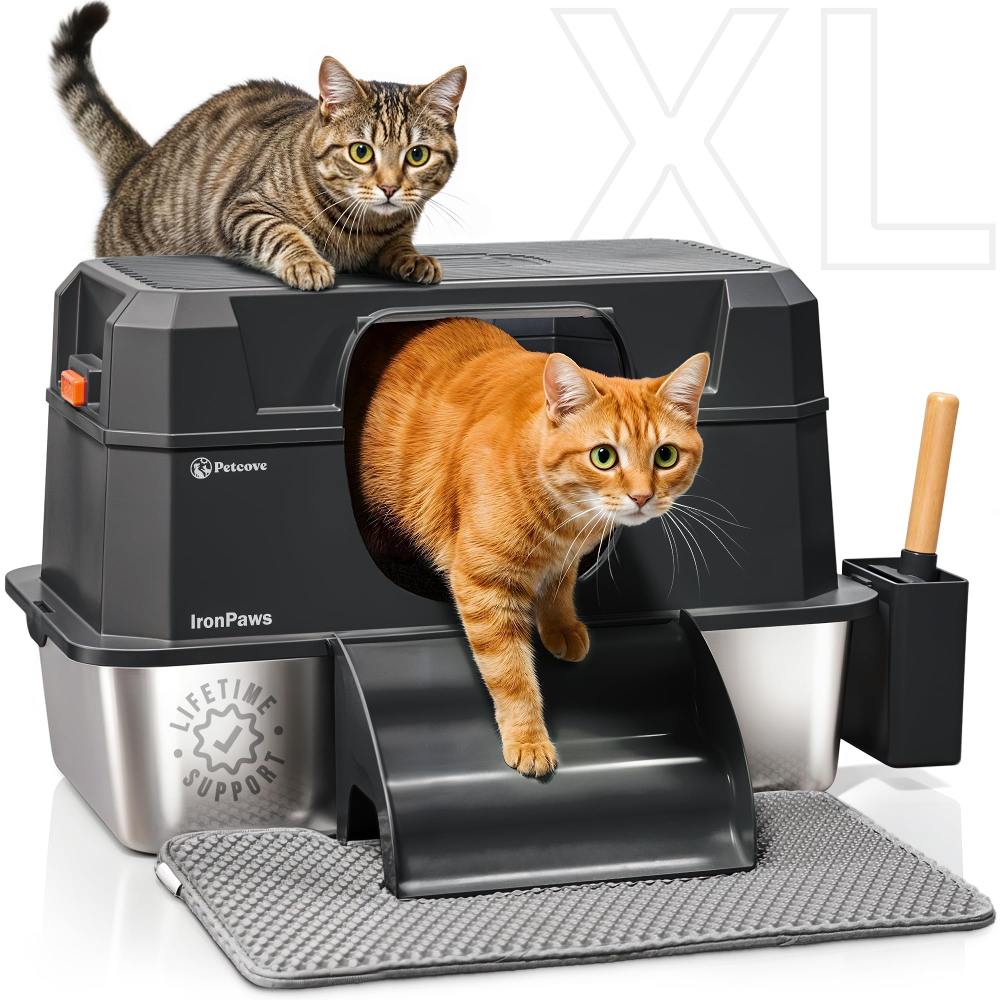 PetCove caja de litter acero inoxidable con tapa XL 3 en 1 para gatos de interior