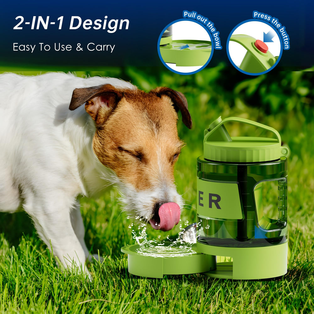 PETDOTT dispensador de agua para perros 77oz, diseño 2 en 1 que evita llevar varios artículos.