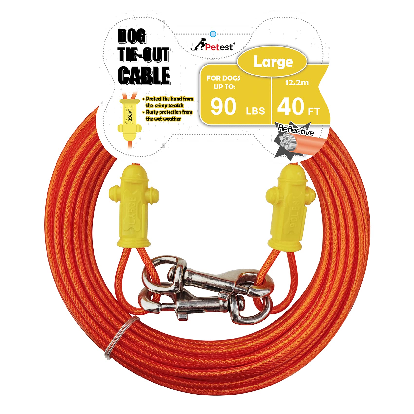 Petest cable de sujeción reflectante de 40 pies para perros grandes, ideal para exteriores.