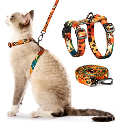 Gato con arnés PetThem a prueba de escape naranja para paseos seguros.