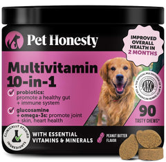 Pet Honesty 10-en-1 para perros, botella de vitaminas para nutrición diaria.