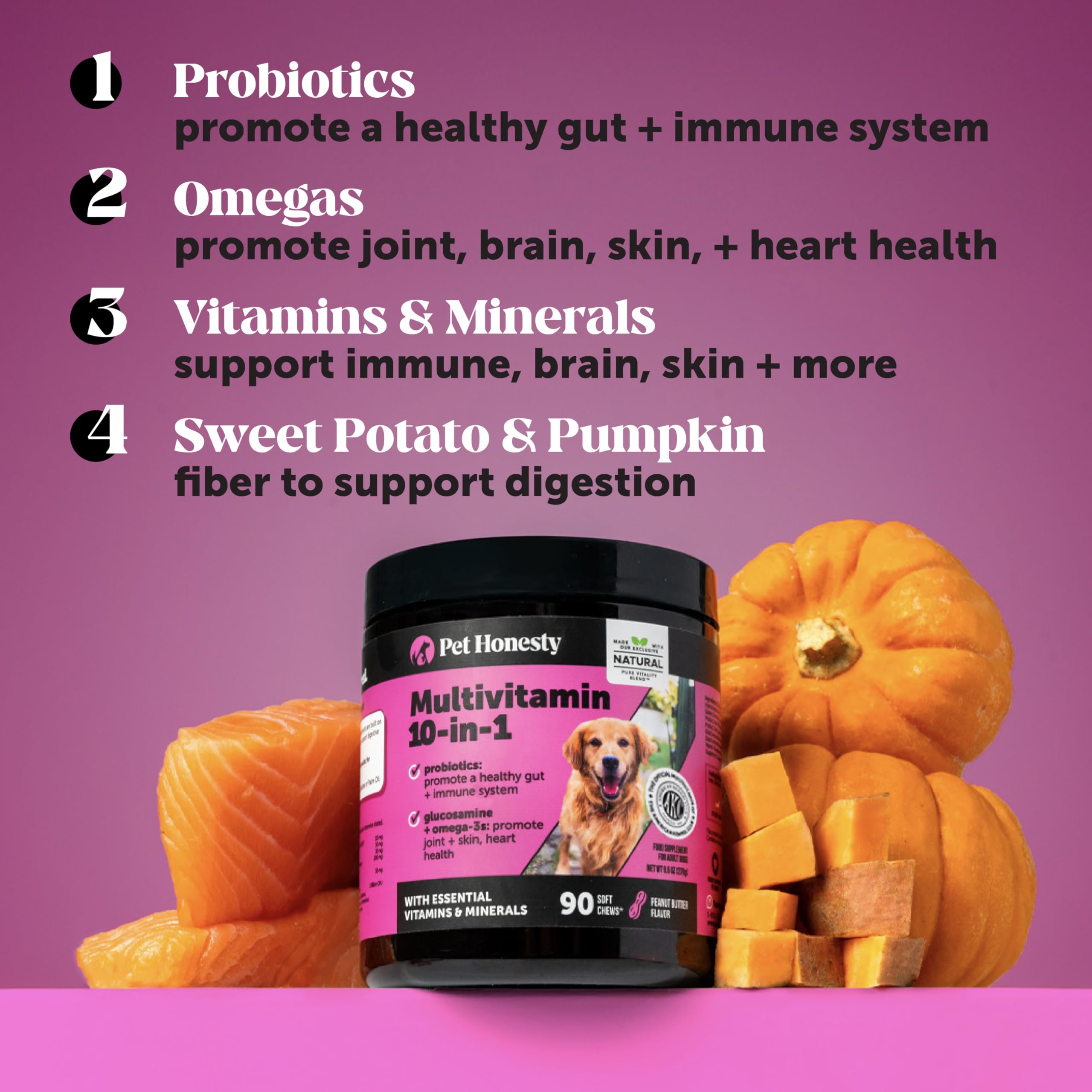 Pet Honesty, probióticos y fibra para digestión suave.
