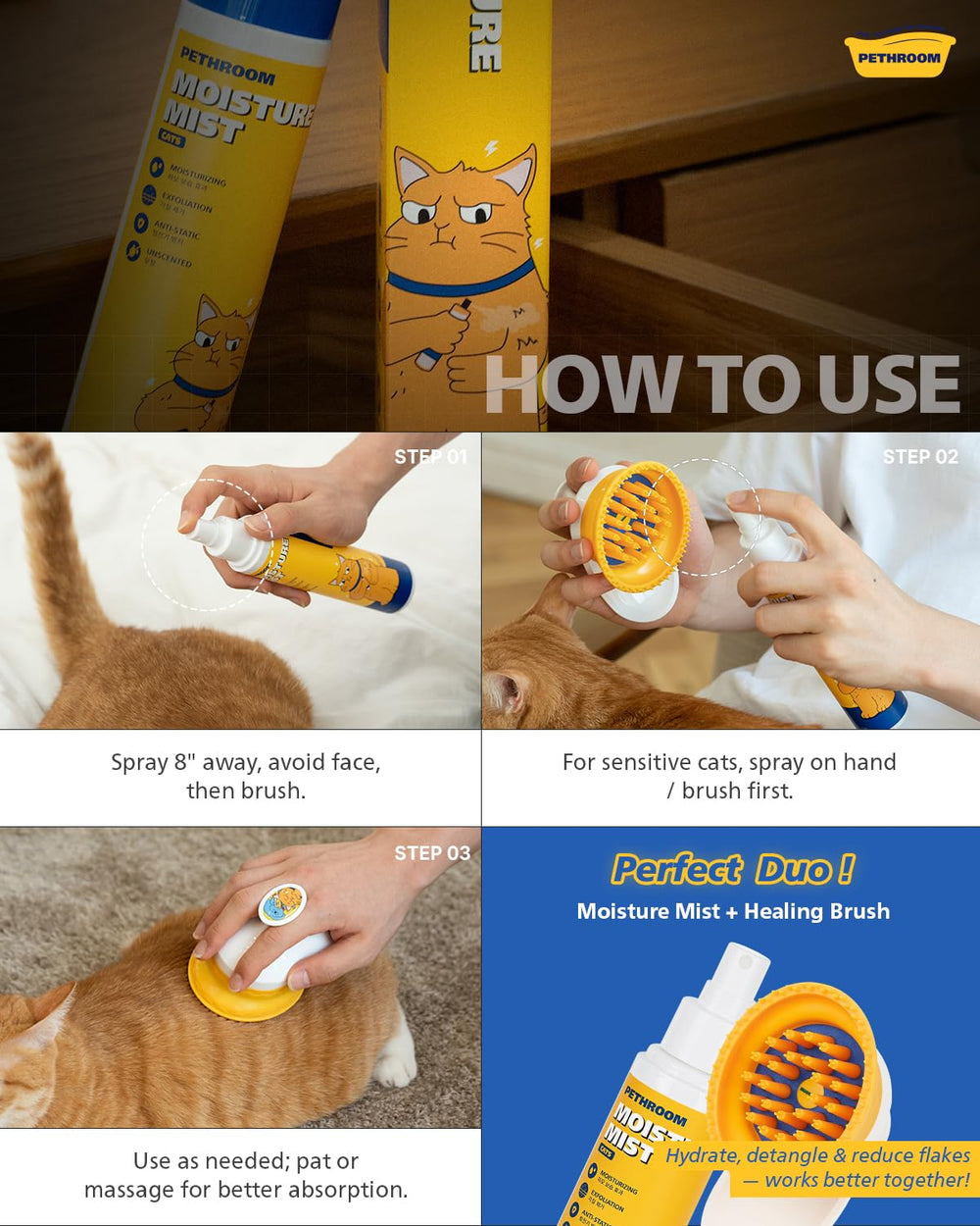 PETHROOM Bruma para gatos, rutina de cuidado suave y sin estrés.