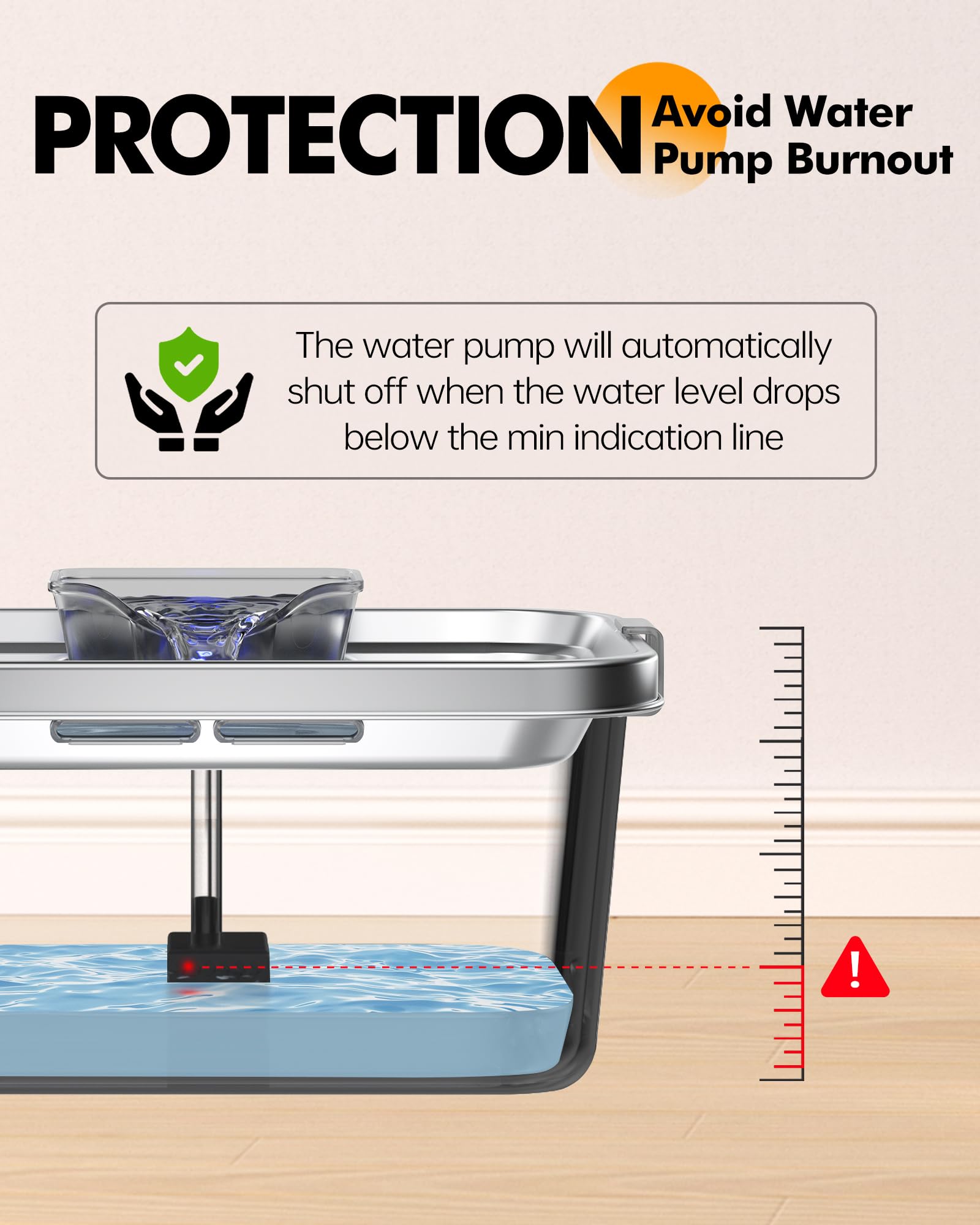 PETIMI fuente de agua con protección de bomba para seguridad.