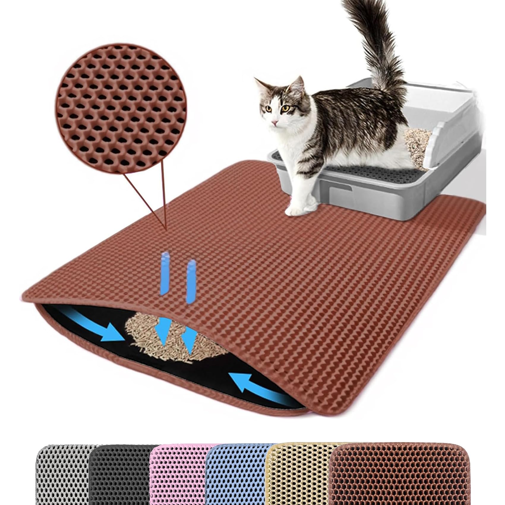 Almohadilla Petinstinct XL para caja de arena para gatos frente a la caja, atrapa partículas.