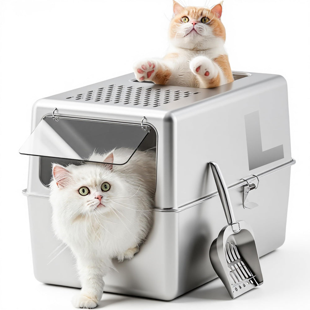 Petinstinct caja de arena de acero inoxidable grande con tapa, limpieza fácil y control de olores.