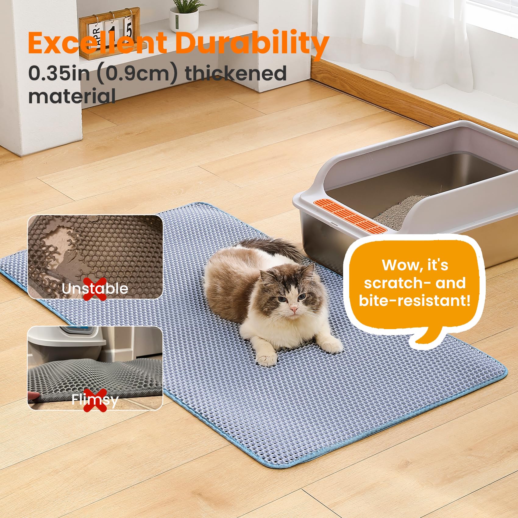 Petinstinct Jumbo alfombra azul para caja de arena grande, ideal para hogares con varias mascotas.