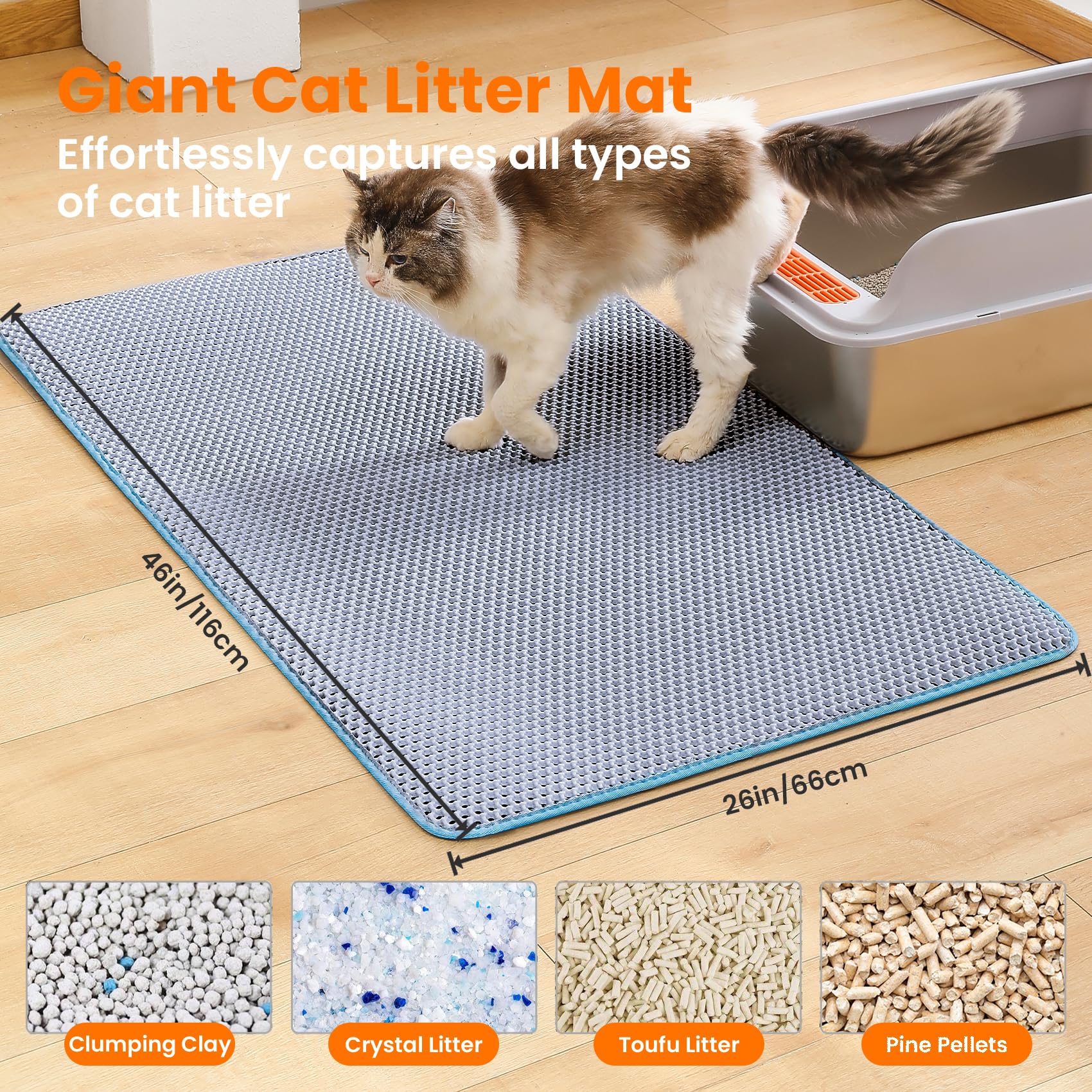 Petinstinct Jumbo alfombra para caja de arena azul, capa panal superior atrapa granos y facilita la limpieza.