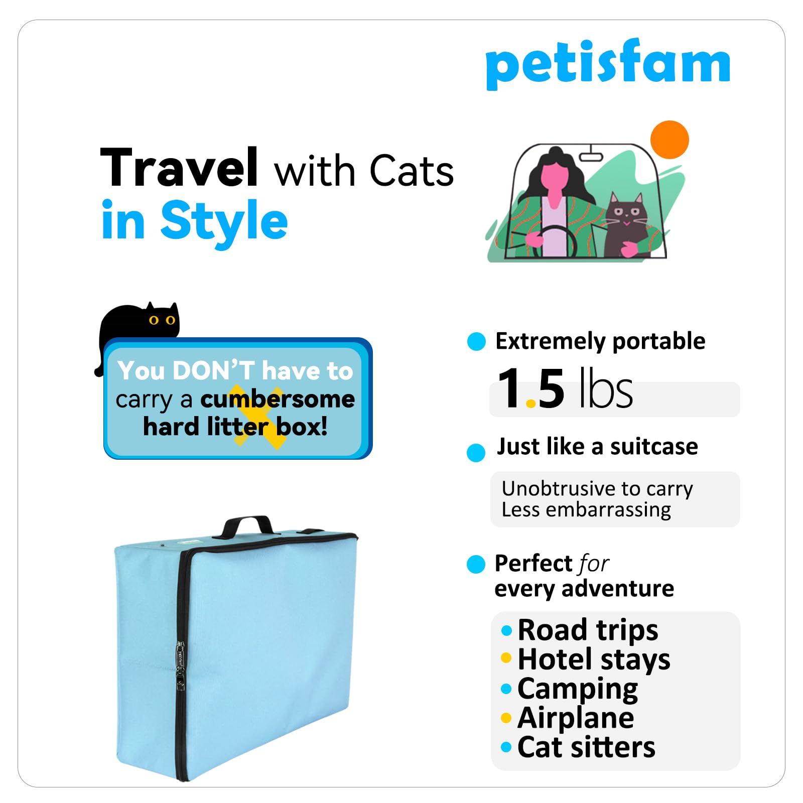 Petisfam uso práctico en hoteles, sin complicaciones para gatos.