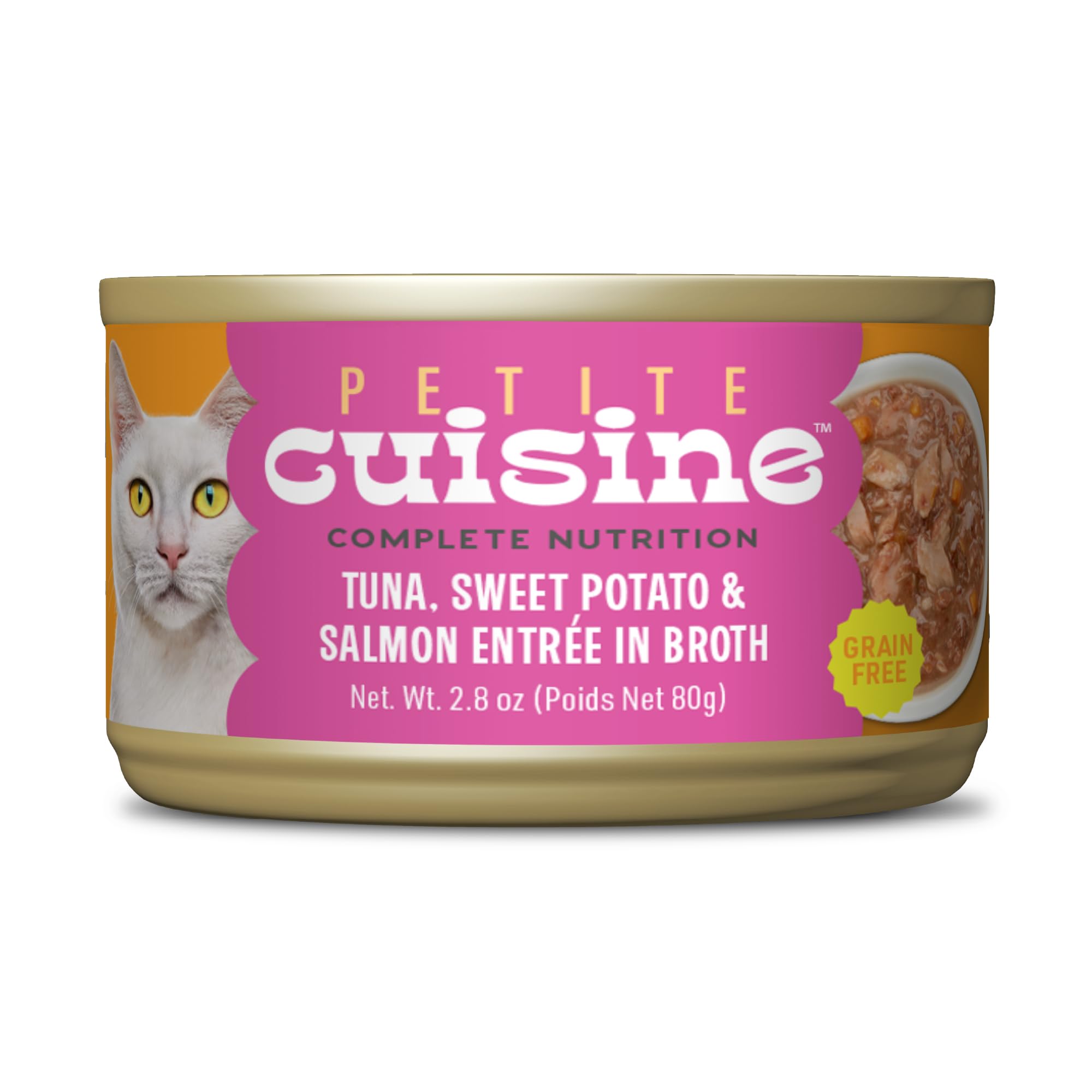 Petite Cuisine: lata de atún y salmón en caldo, ideal para gatos activos.