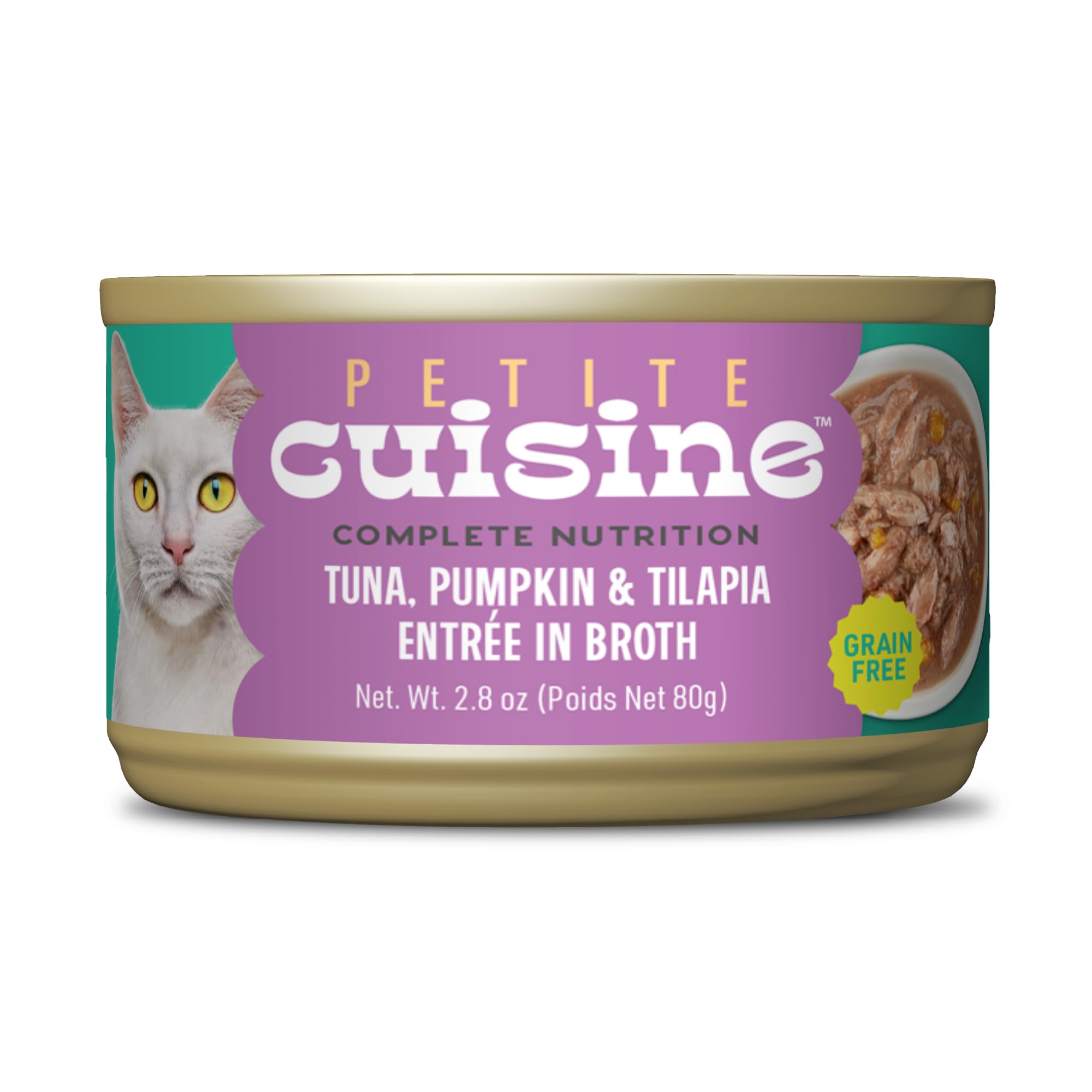 Petite Cuisine: lata gato con atún tilapia en caldo, proteína real.