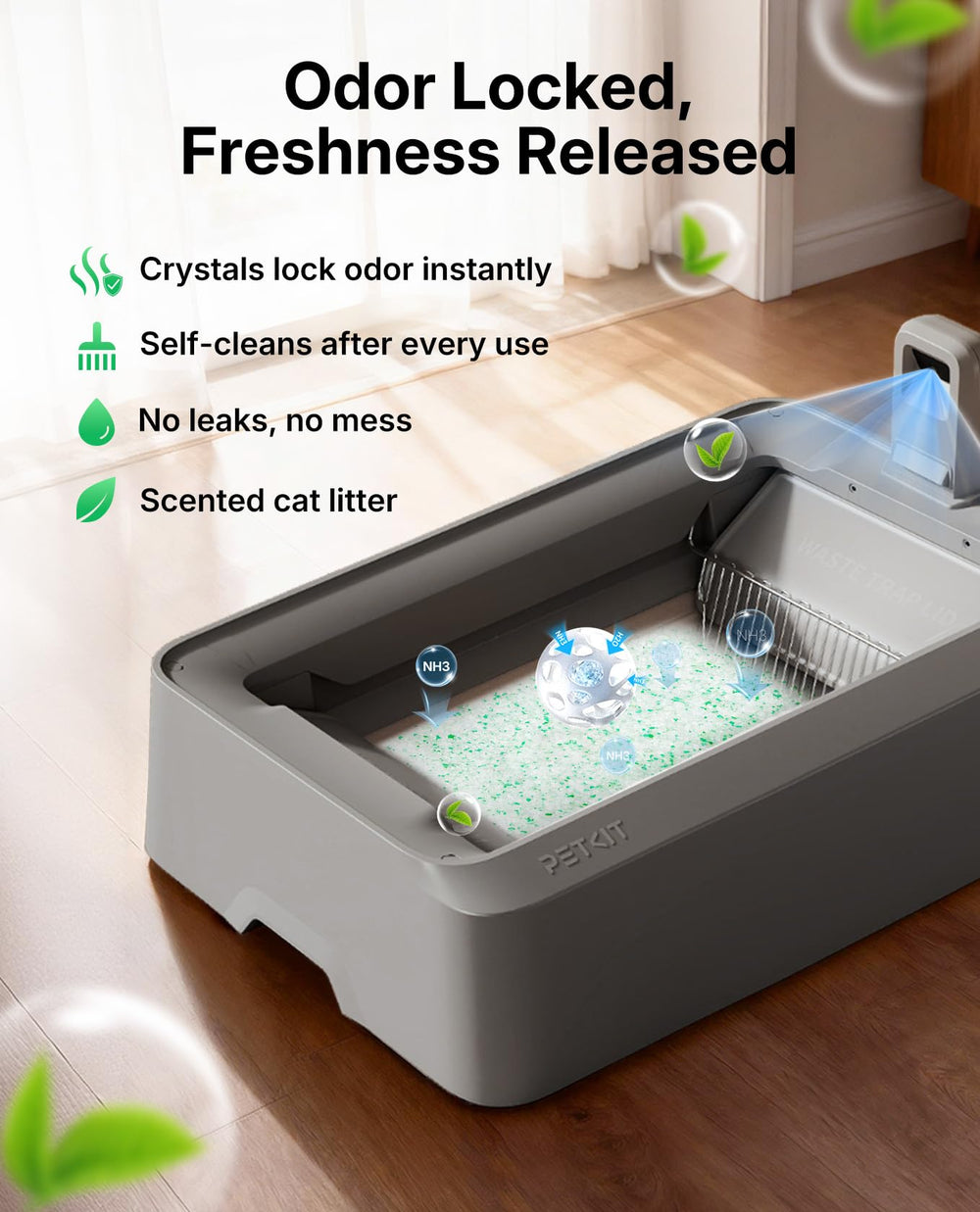 PETKIT Crystal Gato, Control de Olor: absorción rápida y ambiente más agradable.