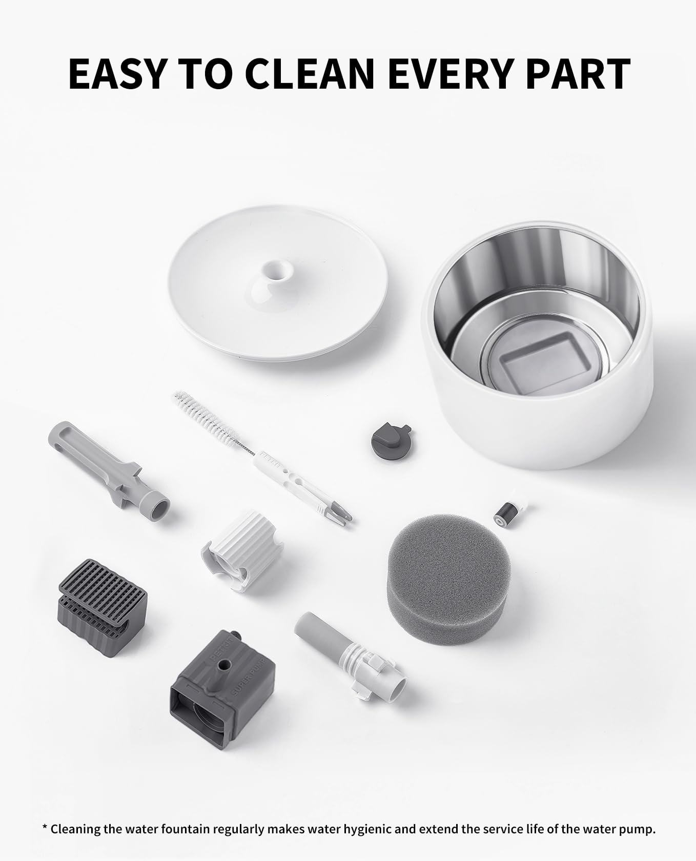 PETKIT mango ergonómico en fontana facilita agarre cómodo durante la limpieza.