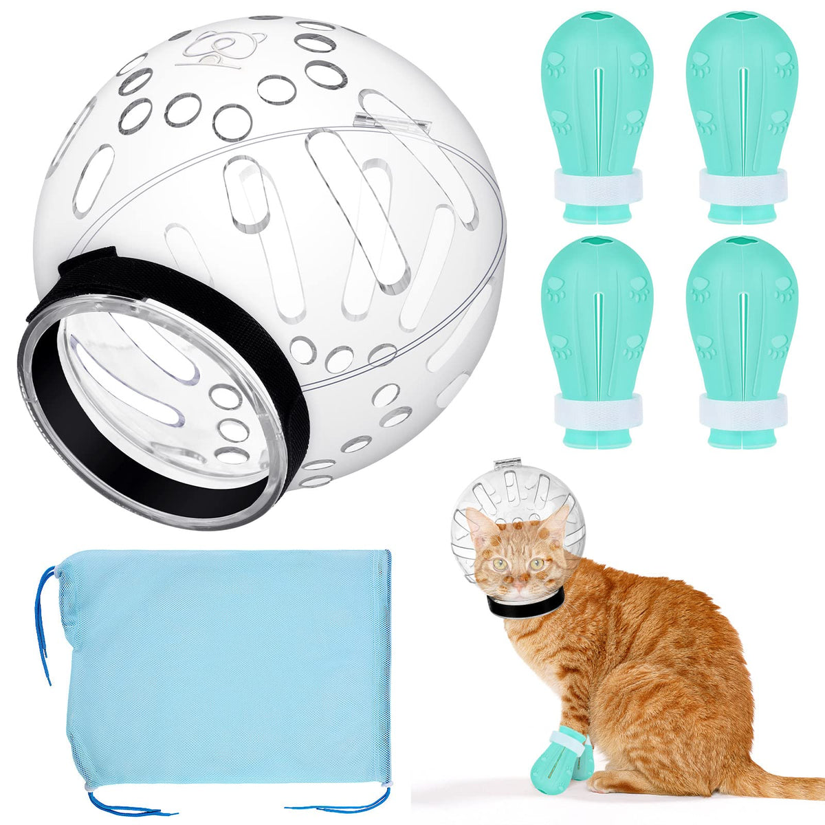 PETKNOWS casco burbuja para cuidado de gatos, seguridad durante el baño.