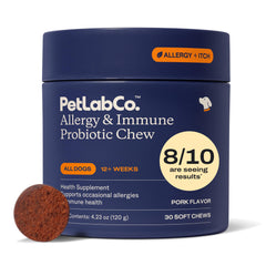 PetLab Co probióticos para perros en bote, apoyo a la salud intestinal.