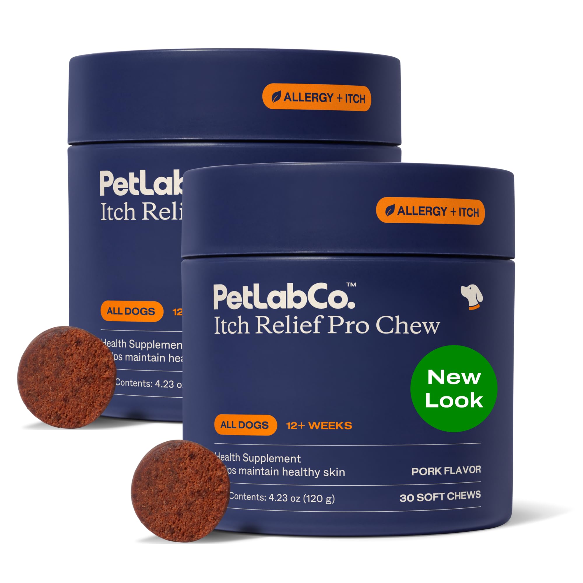 PetLab Co Itch Relief Chew Pro: botella de masticables para perros que apoyan la piel saludable.