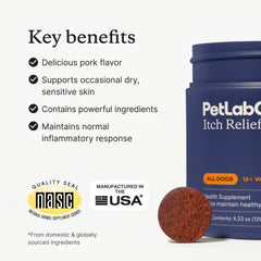 PetLab Co Itch Relief Chew Pro sabor cerdo para masticar agradable.