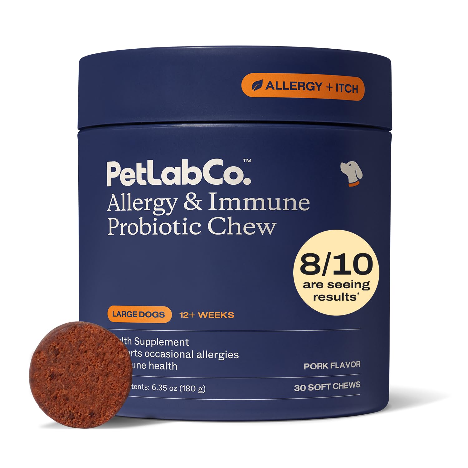 PetLab Co. probióticos para perros, envase con pastillas masticables para uso diario.
