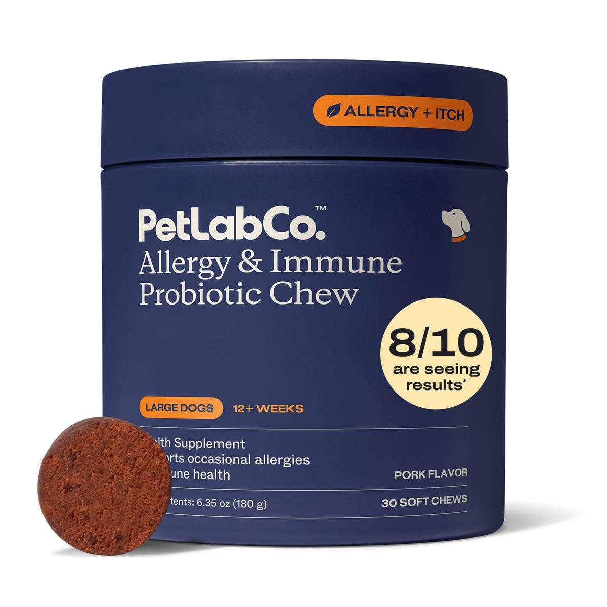 PetLab Co. probióticos para perros, envase con pastillas masticables para uso diario.