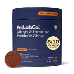 PetLab Co. probióticos para perros, envase con pastillas masticables para uso diario.