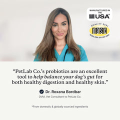 PetLab Co Probióticos para perros, masticables sabor cerdo, vista trasera del empaque.
