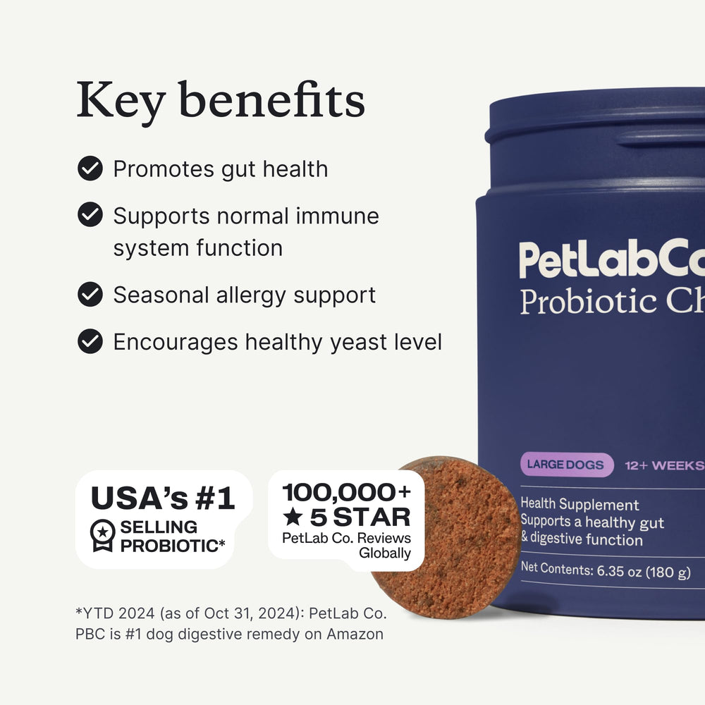 PetLab Co. probióticos para perros, gomitas con sabor a cerdo para salud intestinal.
