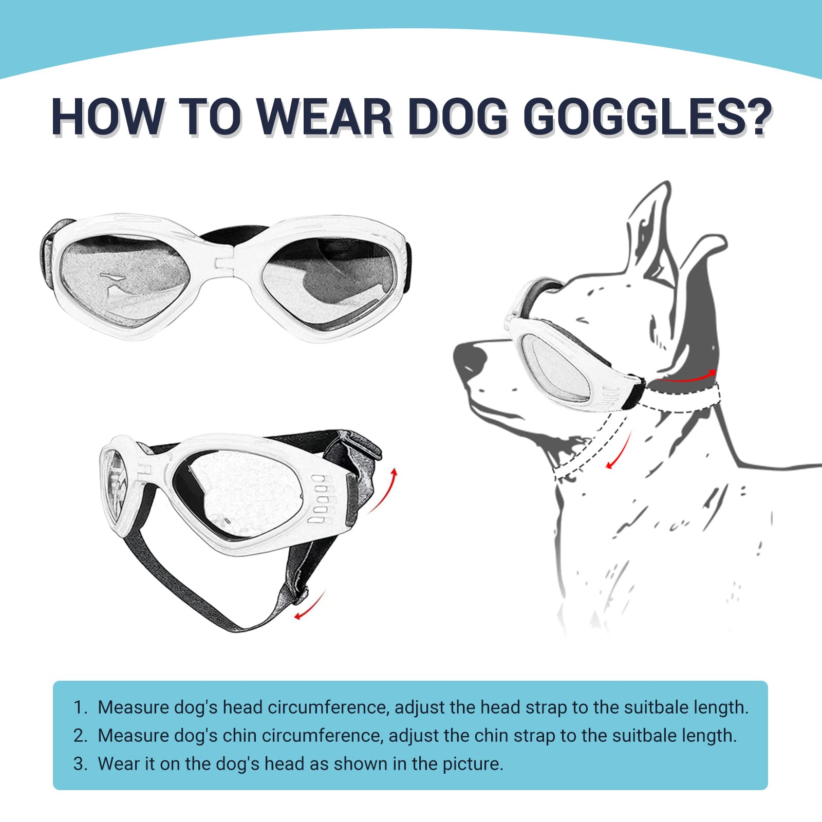 PETLESO gafas para perro mediano, correa ajustable, ajuste seguro y cómodo.