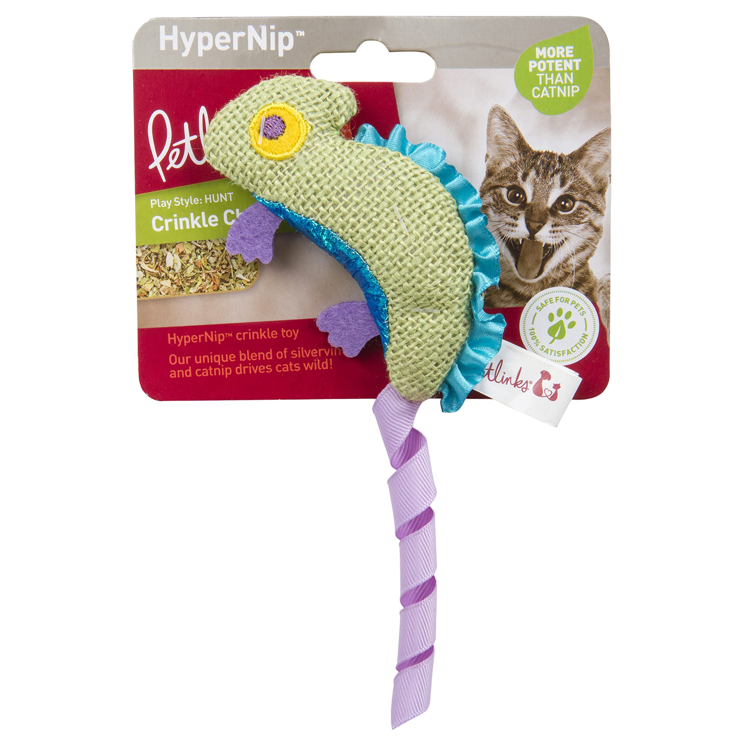 Petlinks HappyNip Camaleón: silvervine y catnip potencian la experiencia lúdica.