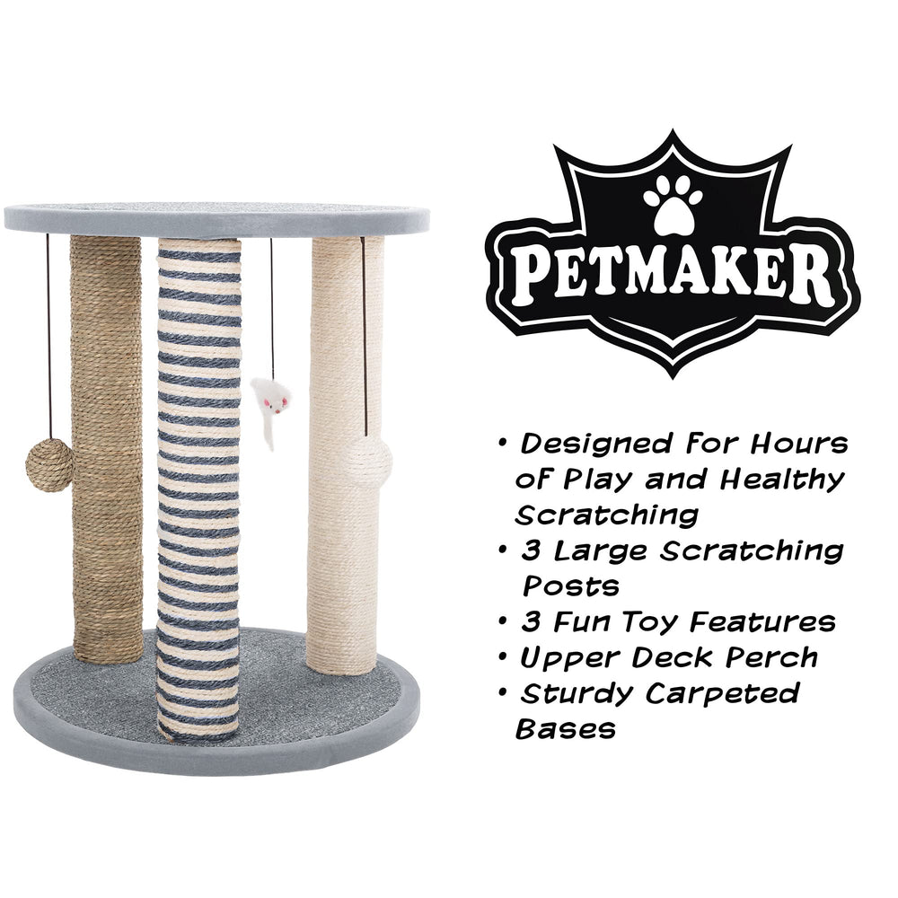 Base alfombrada gris PETMAKER, superficie estable para descanso tras jugar.
