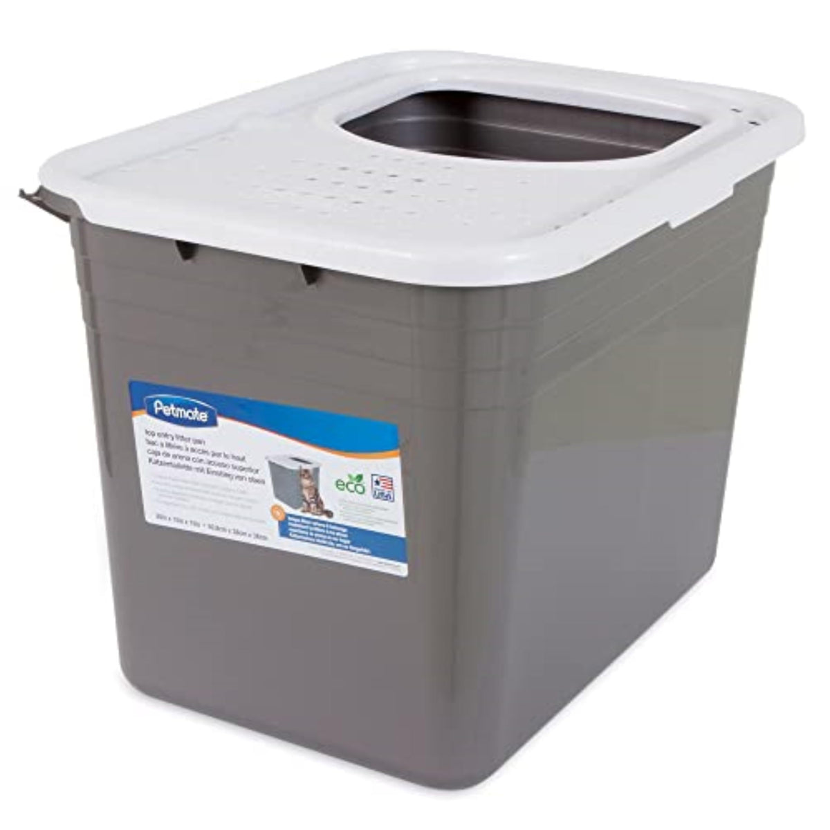 Petmate caja de arena para gatos con tapa abatible ofrece privacidad y limpieza.