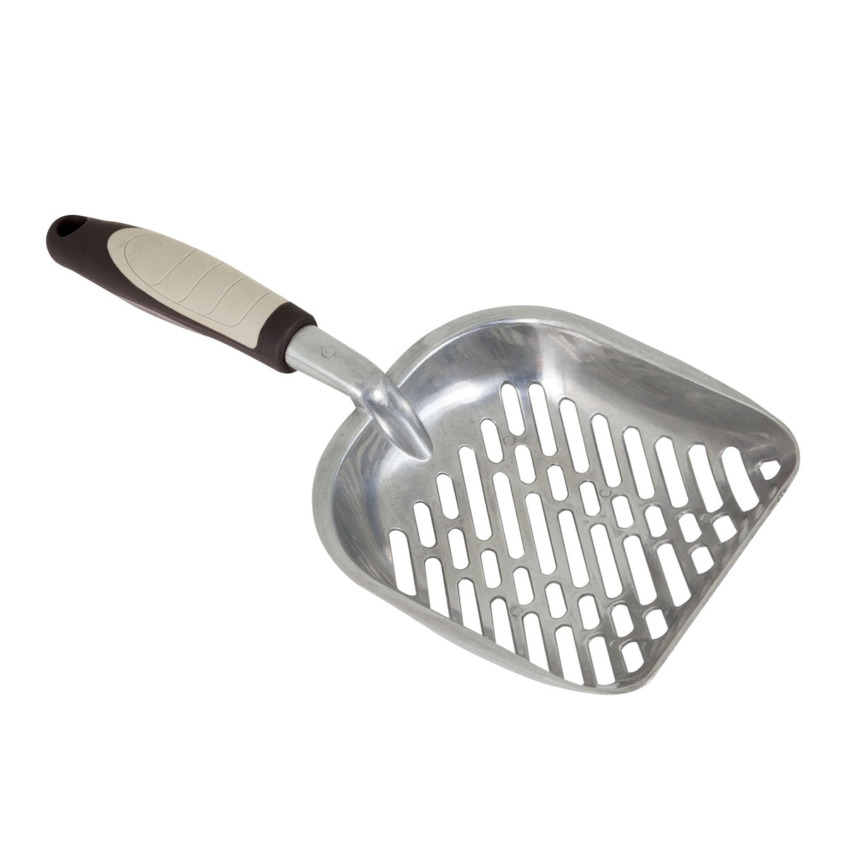 Petmate cuchara para arena gatos, diseño curvo que facilita cobertura durante la limpieza.