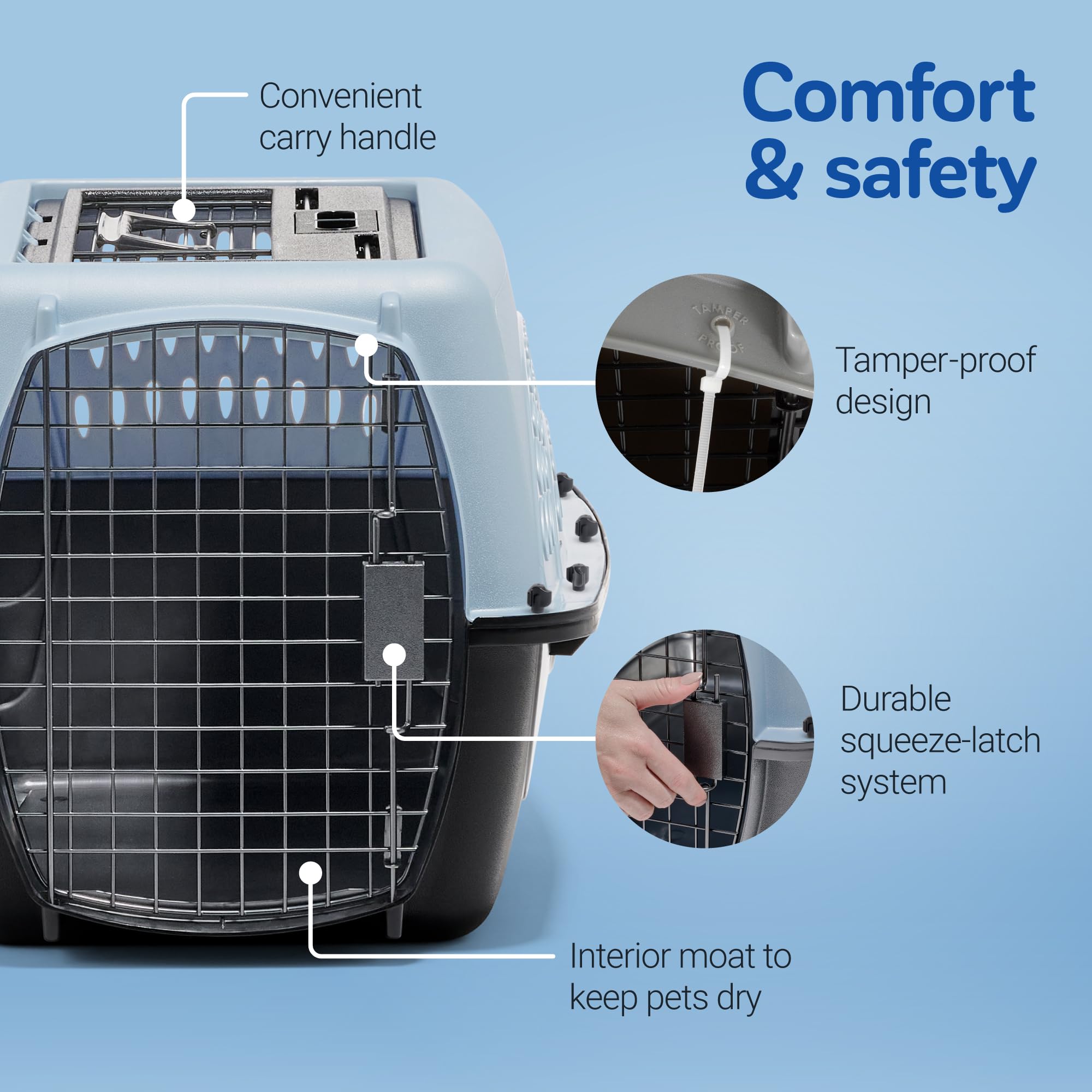 Transportín Petmate para mascotas, asa plegable y cierres de acero para traslado.