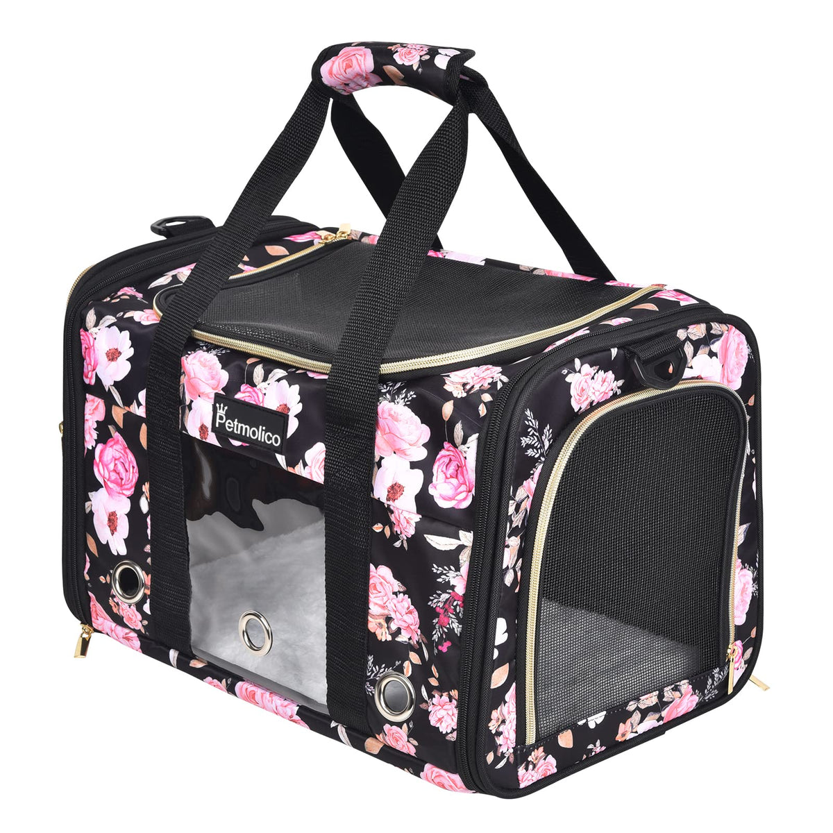 Transportín Petmolico para gato suave con diseño floral rosa, ideal para viajes