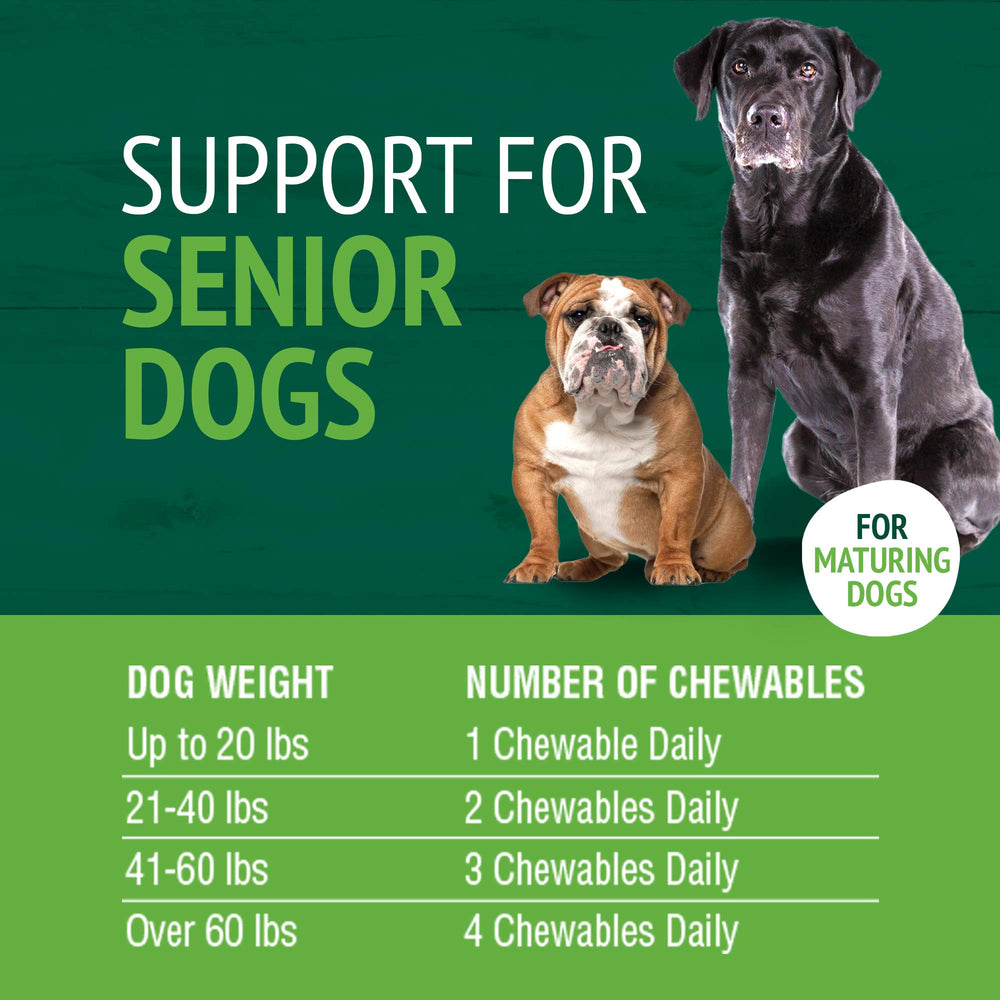 Etiqueta de PetNC Senior Masticables mostrando nutrientes clave para perros mayores.