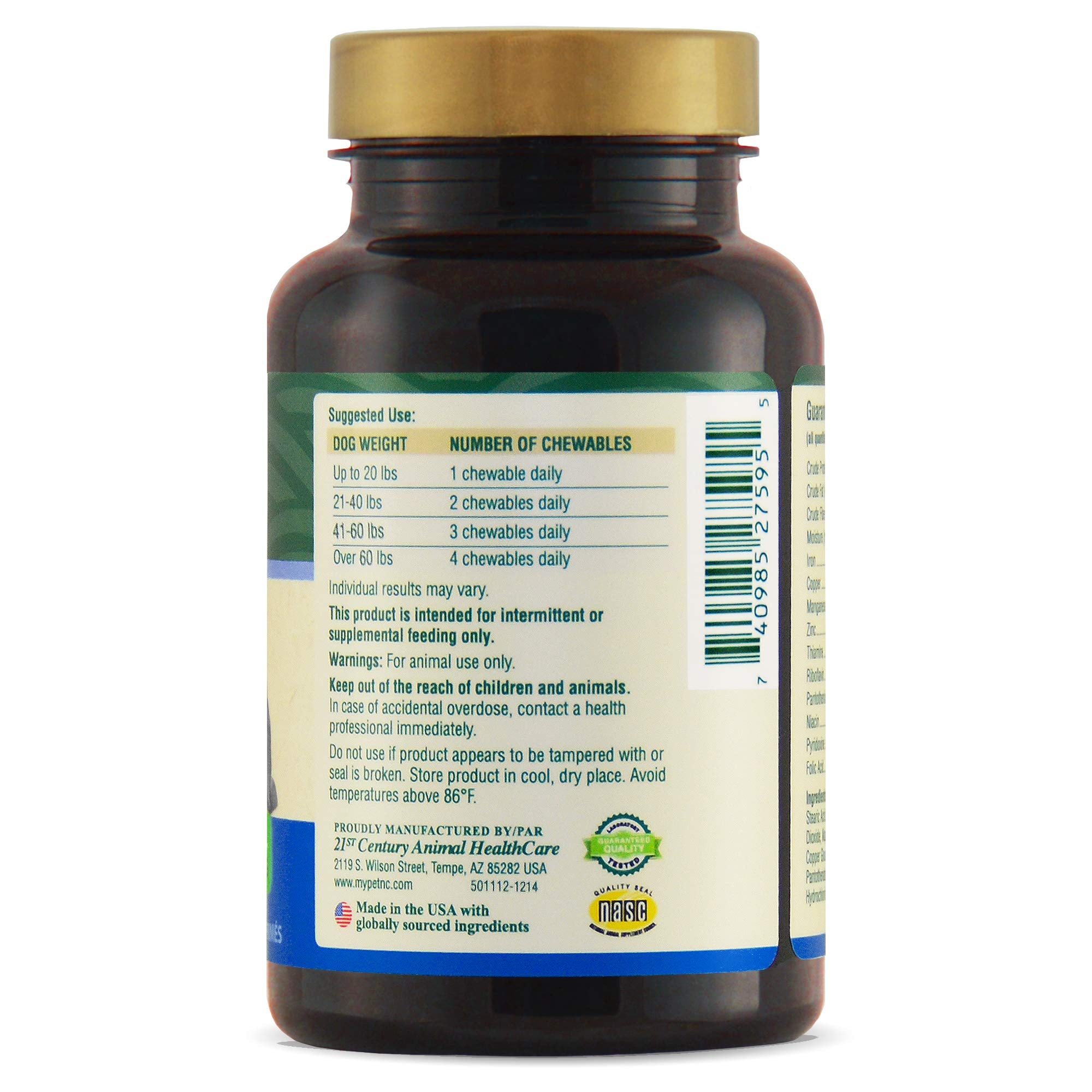 Producto PetNC Senior Masticables, fabricación en EE.UU. y control de calidad.