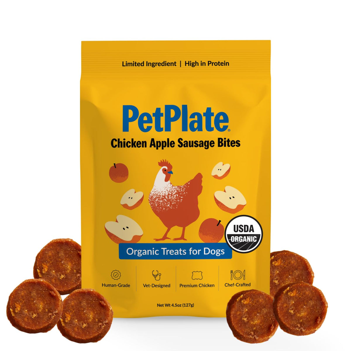 PetPlate bocado de salchicha de pollo y manzana, recompensa sabrosa para entrenar.