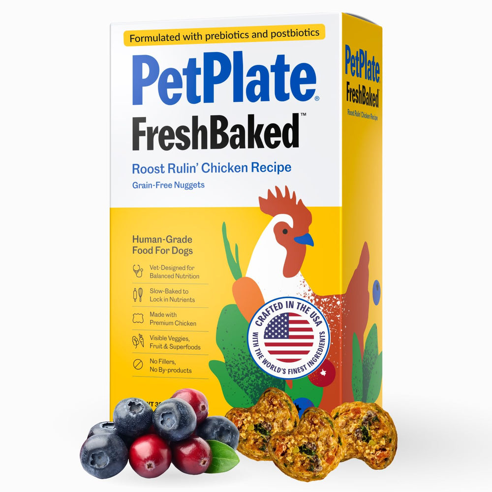 PetPlate Roost Rulin pollo premium bocados, sabor intenso para perros activos.