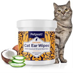 Petpost toallitas orejas gato en empaque para limpieza práctica.