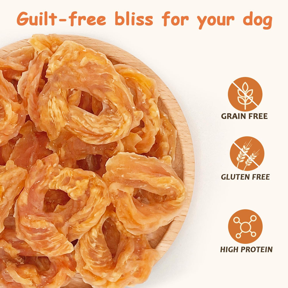 PETPURO Aros de Pollo para Perros: textura jerky para recompensas rápidas en entrenamiento.