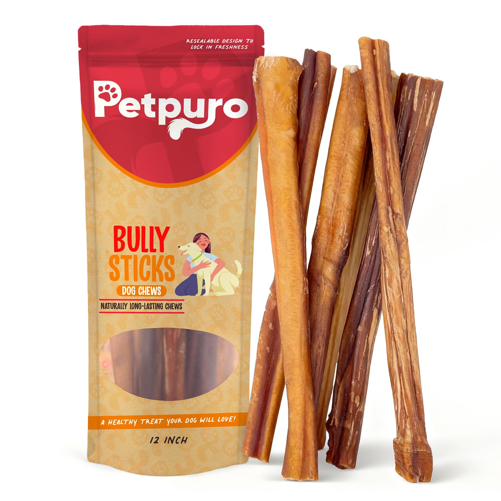 PETPURO palito de res 12 pulgadas, hueso natural para masticar prolongadamente