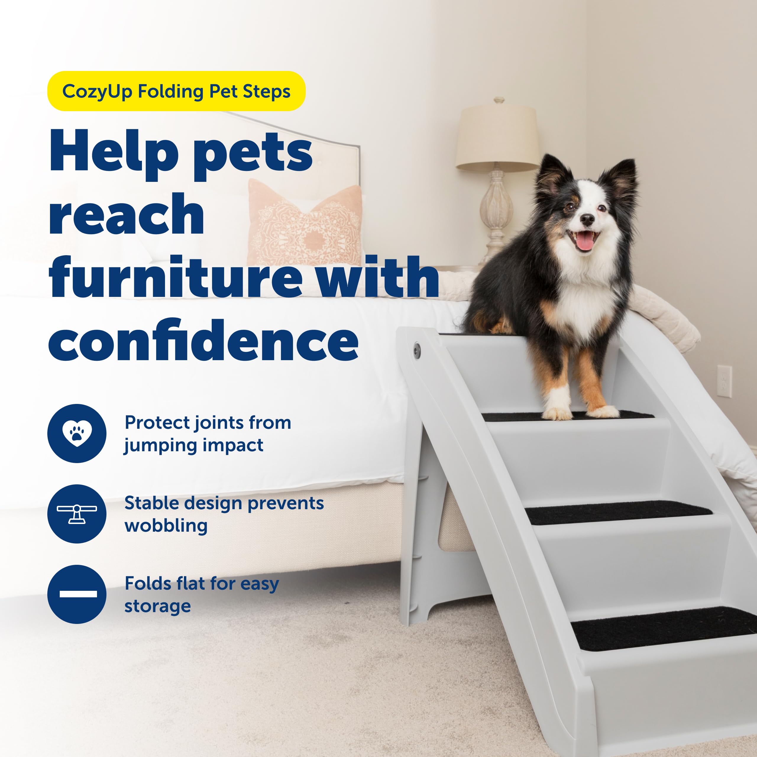 PetSafe CozyUp escalones 4 pasos lateral: diseño estable para mascotas nerviosas.