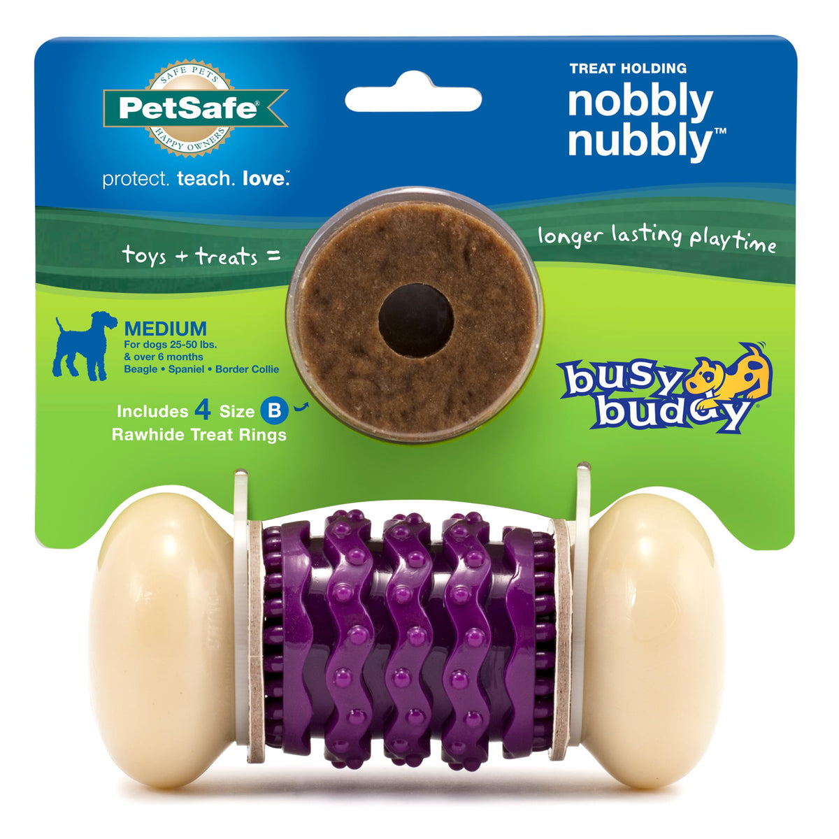 PetSafe Nobbly Nubbly: juguete duradero para masticadores fuertes, ideal para sesiones de juego prolongadas.