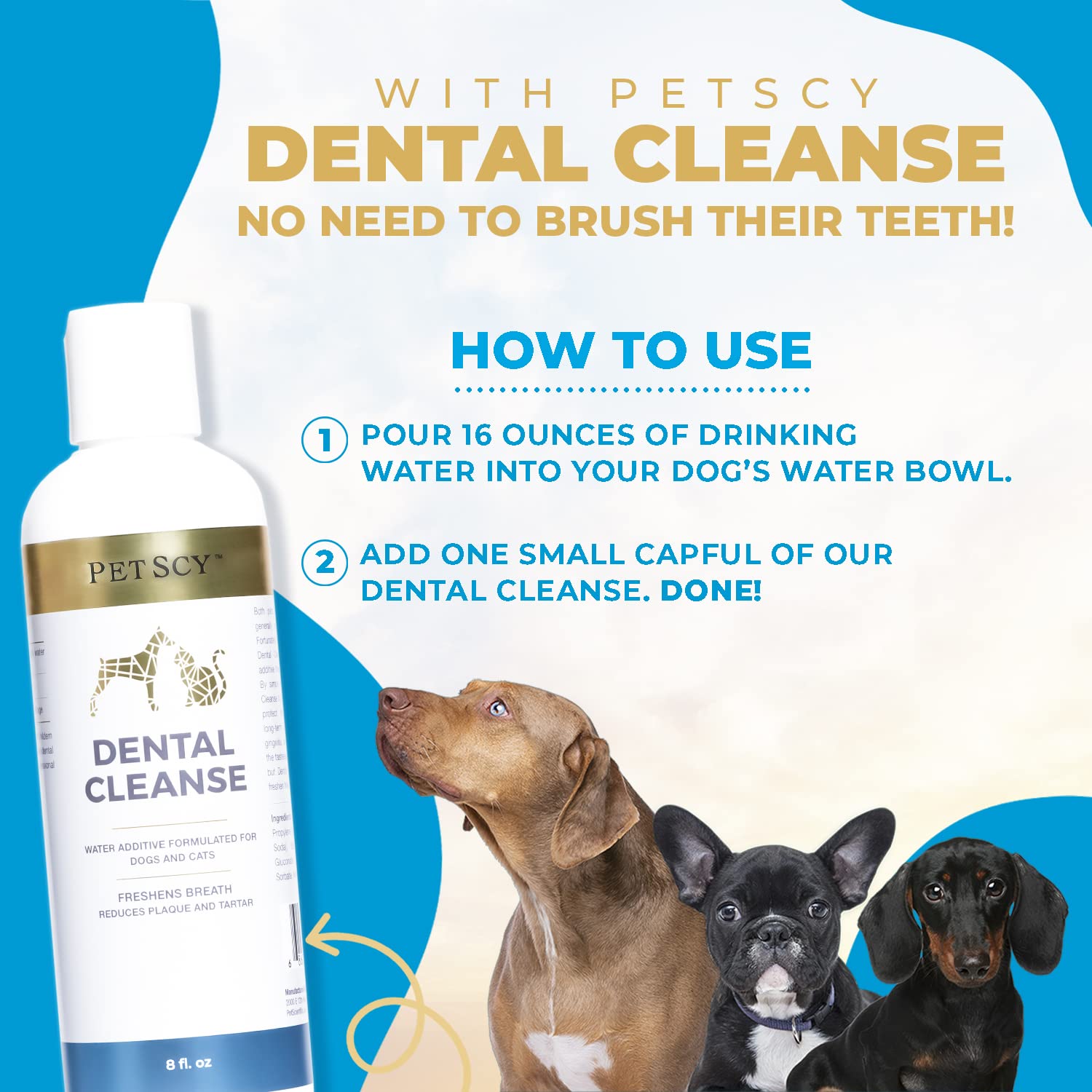 Petscy Dental Cleanse mascotas bebiendo agua con la solución para aliento fresco.
