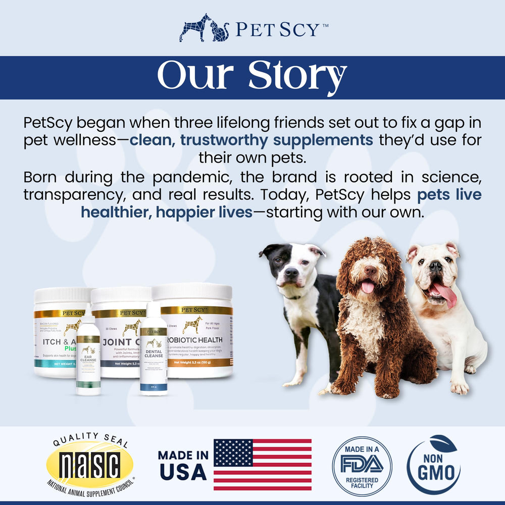 Petscy Dental Cleanse mezcla en agua mostrando solución para higiene bucal diaria.